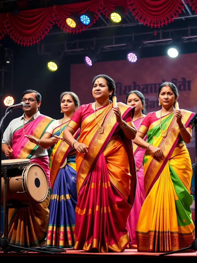 A portrait of MAIGOL, a group of male and female Tamil artists in traditional attire, performing on stage with vibrant colors, representing their rich rhythm and cultural expression.