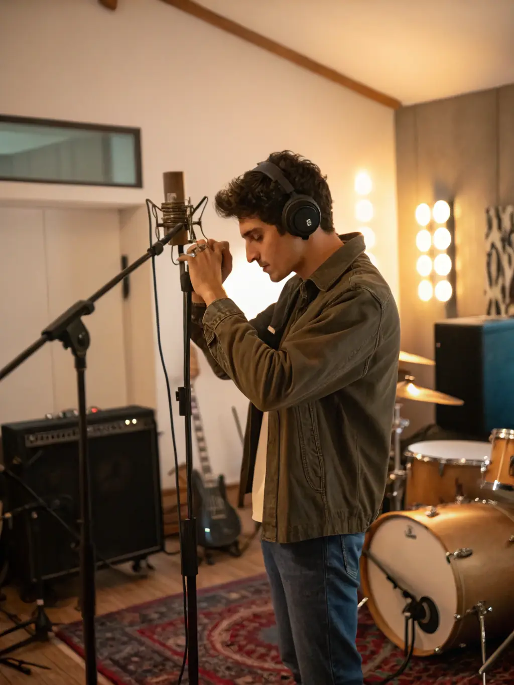 A portrait of Madz Studios, a solo male artist with a soulful expression, in a recording studio with soft lighting, representing his English soulful and melodic music.