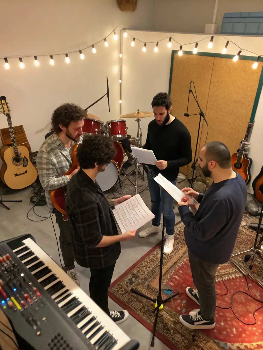 A diverse group of musicians collaborating in a modern recording studio, showcasing the collaborative spirit of DigiOnez Entertainment.