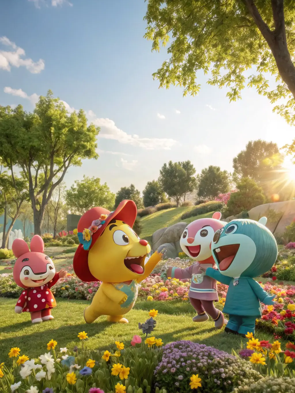 A group of diverse children singing and dancing joyfully in a colorful animated setting, representing Julumu's joyful and educational songs for children.