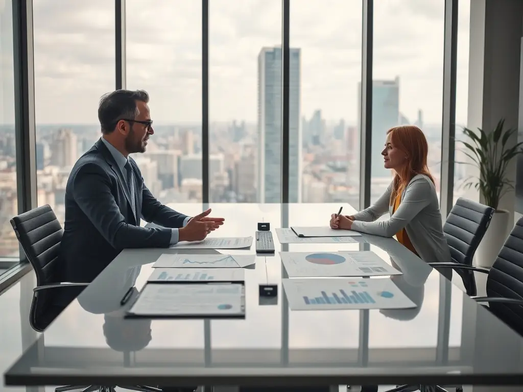 A consultant reviewing a ServiceNow implementation roadmap with a client, highlighting key milestones and strategic alignment points. The setting is a modern office environment, emphasizing collaboration and forward-thinking planning.