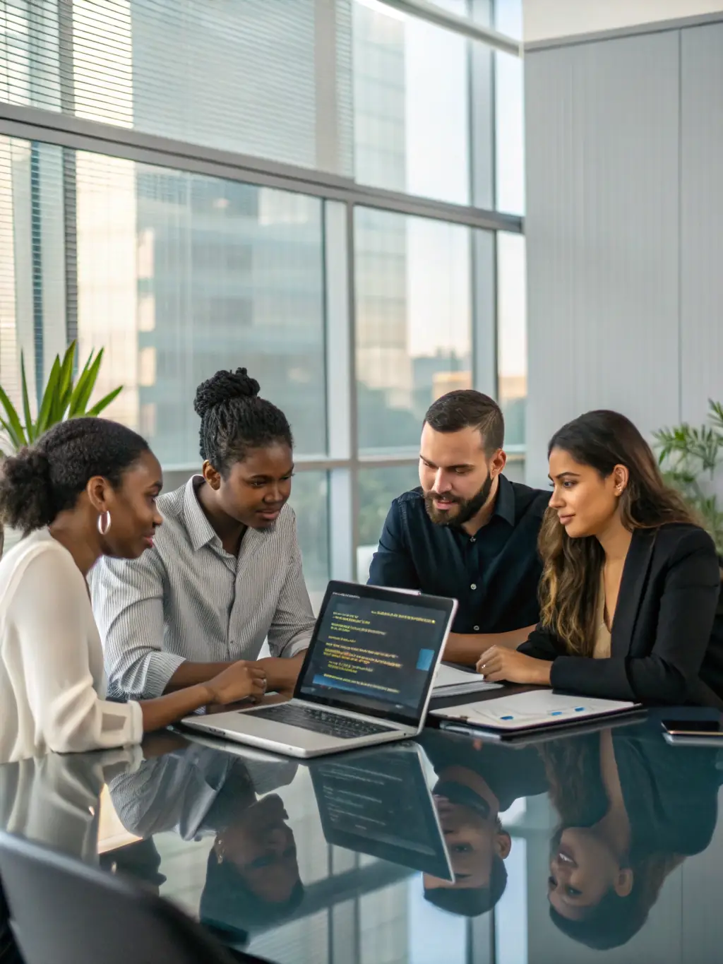A diverse team of DigiOnez experts working together in a modern office environment, symbolizing the collaborative approach to delivering comprehensive ServiceNow solutions.