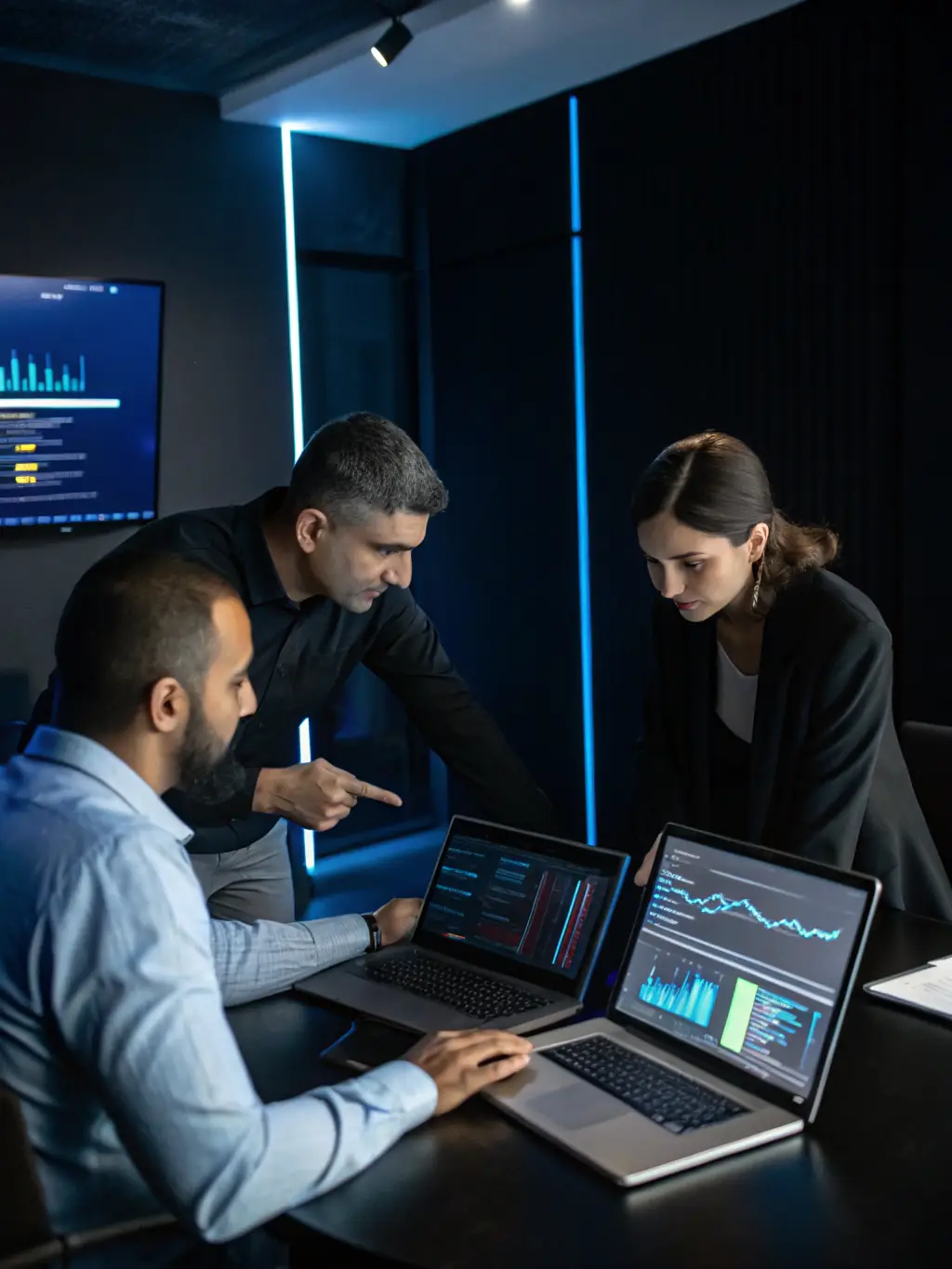 A professional photo showcasing a team of DigiOnez consultants collaborating on a system integration project, with ServiceNow interfaces visible on their laptops.
