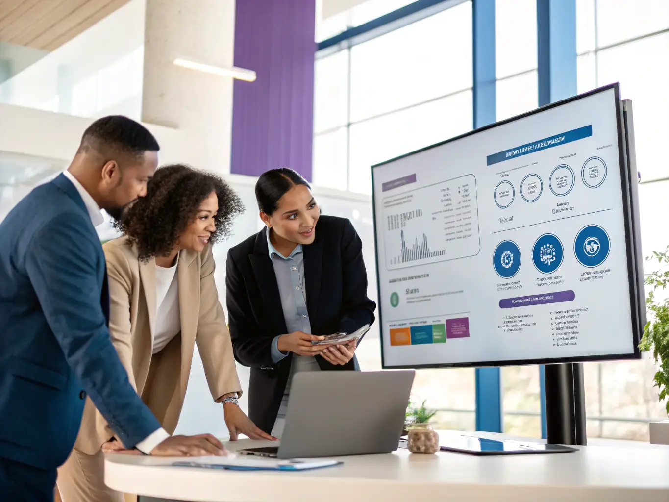 A high-angle shot of a diverse team collaborating around a large digital screen displaying a ServiceNow workflow diagram, showcasing the app development aspect of DigiOnez's solutions.