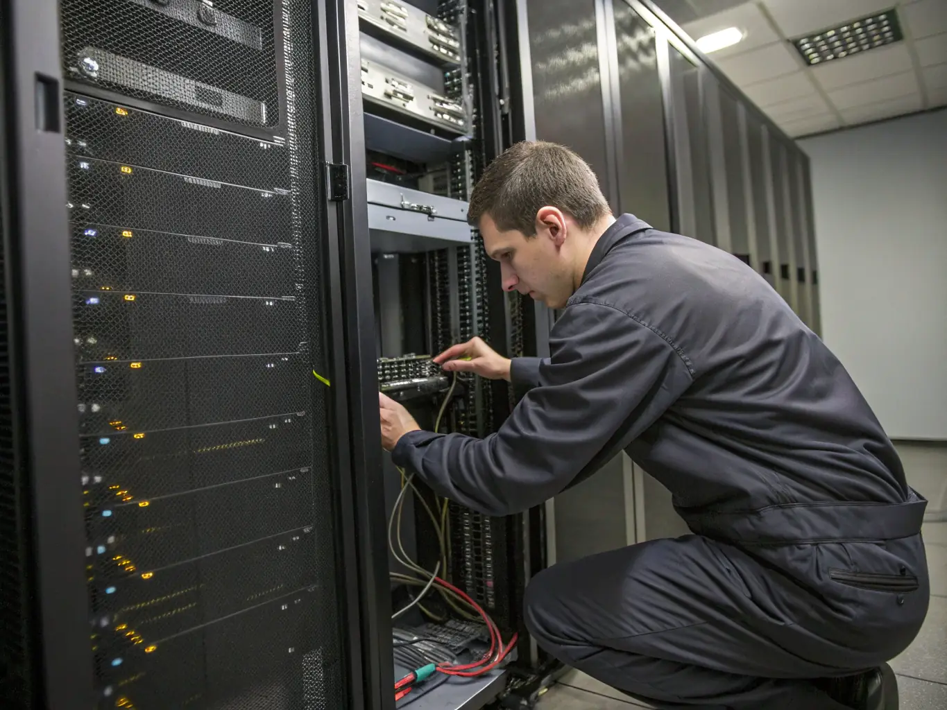 A technician configuring IT assets in a data center, showcasing the asset and configuration management services provided by DigiOnez.