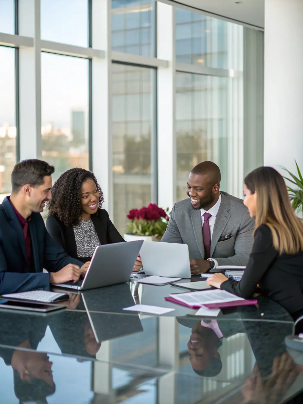 A diverse team of consultants collaborating around a table, brainstorming and sketching ideas on a whiteboard, representing the collaborative approach to strategy development.