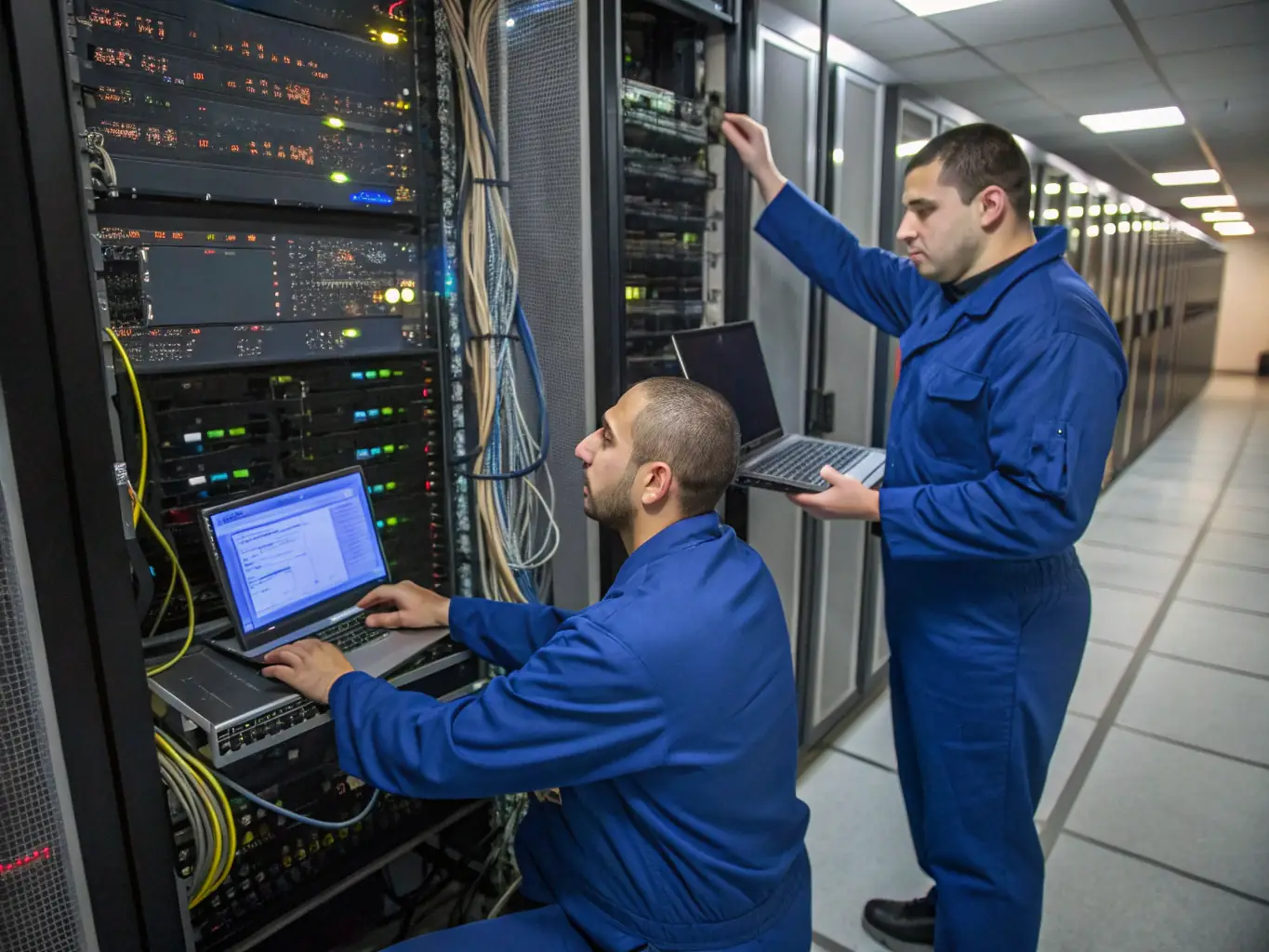 A digital illustration depicting a server room with technicians performing maintenance and upgrades, symbolizing platform administration. The scene should convey a sense of expertise and efficiency, with technicians ensuring the smooth operation of the platform.