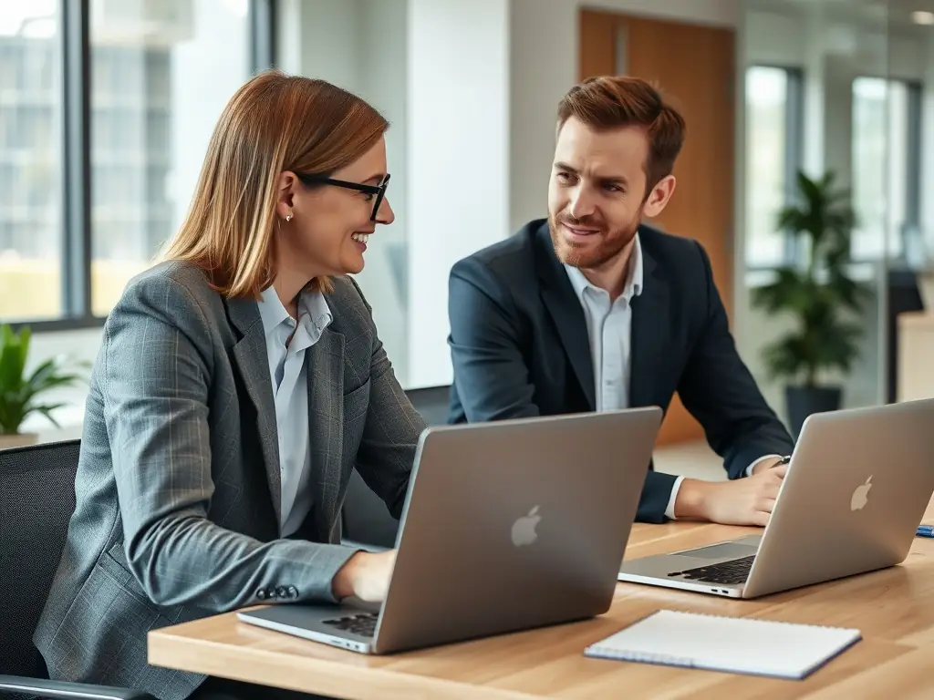A consultant from DigiOnez is reviewing a workflow diagram with a client in a modern office setting, emphasizing collaboration and strategic planning.