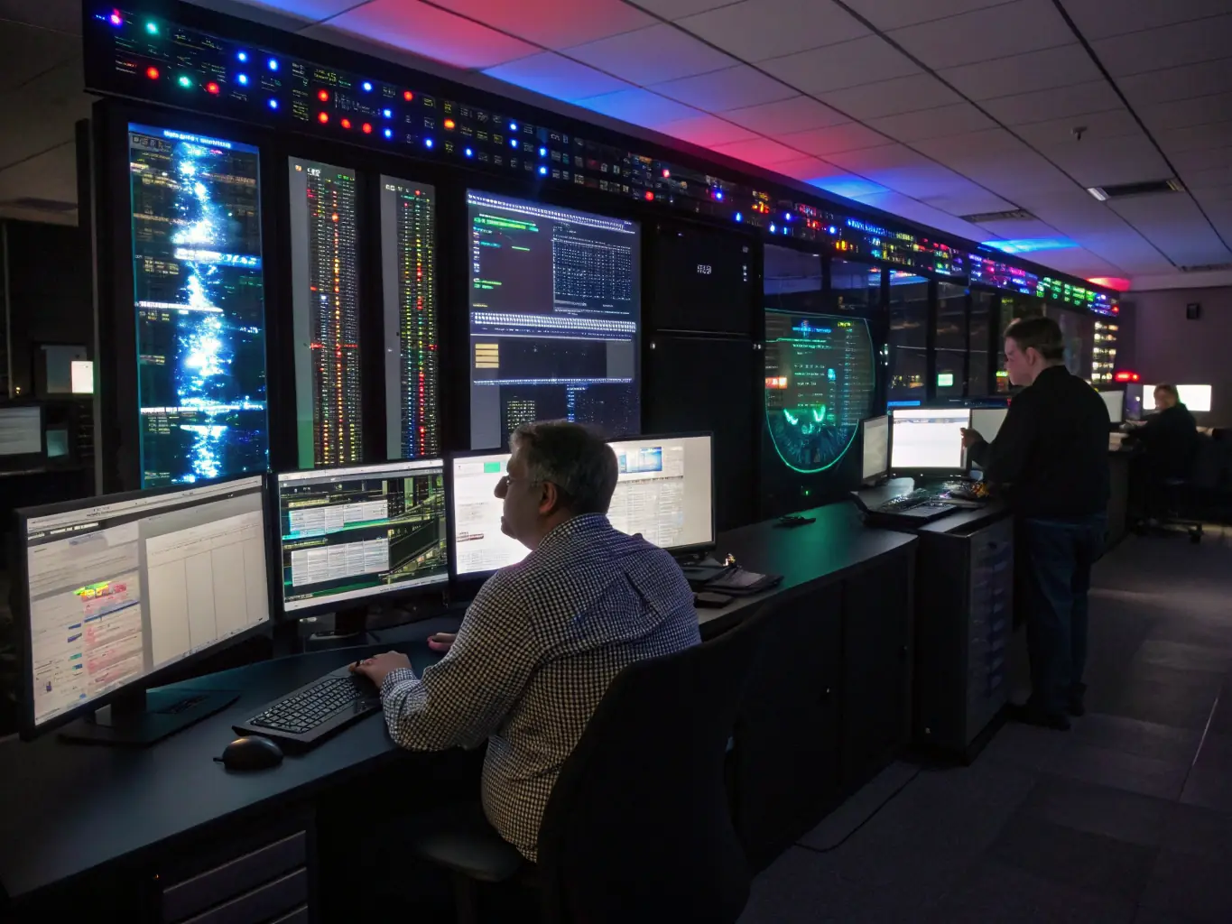 A digital illustration depicting a network operations center with multiple screens displaying system metrics and alerts, symbolizing proactive monitoring. The scene should convey a sense of vigilance and control, with engineers actively managing the systems.