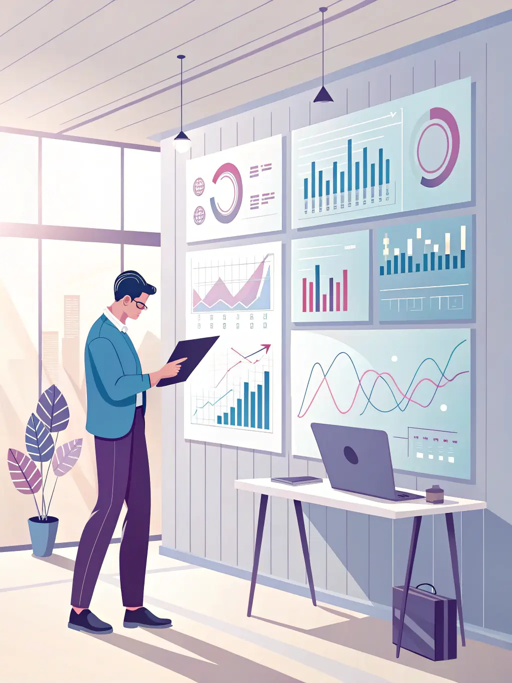 A consultant in a suit, holding a tablet and pointing at a dashboard displayed on a large screen during a meeting with a client team in a modern office setting, emphasizing data-driven decision making.