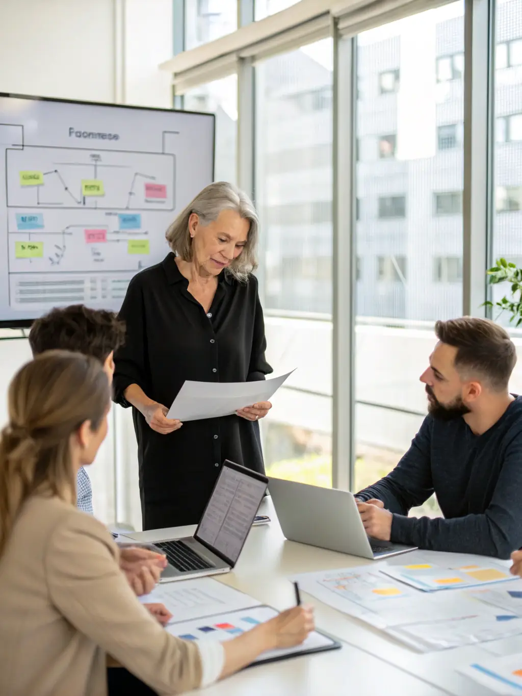 A consultant facilitating a workshop with sticky notes and diagrams, focusing on process optimization and workflow automation within the ServiceNow platform.