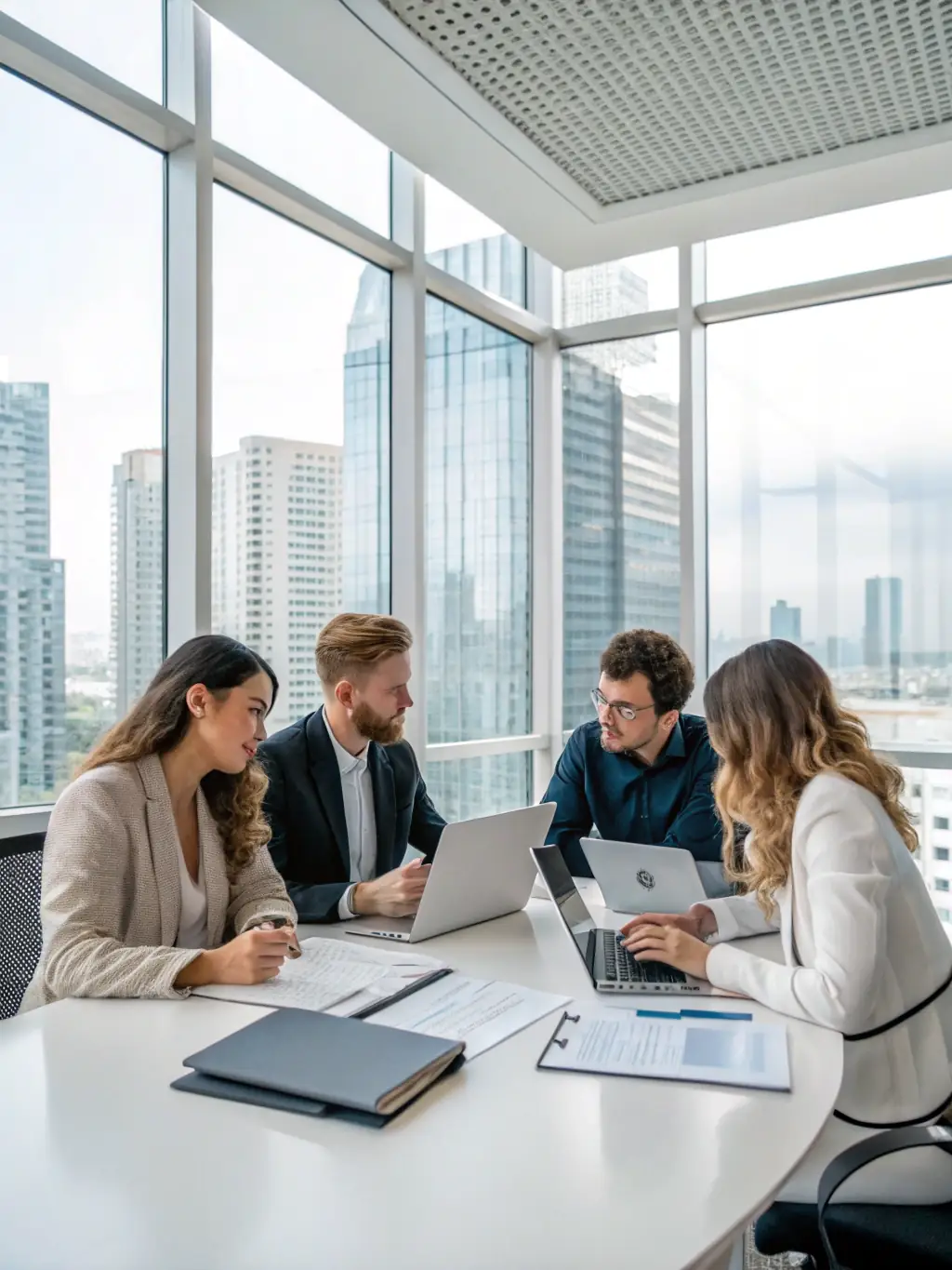 An image of consultants collaborating with clients in a modern office setting, representing DigiOnez's consulting services.
