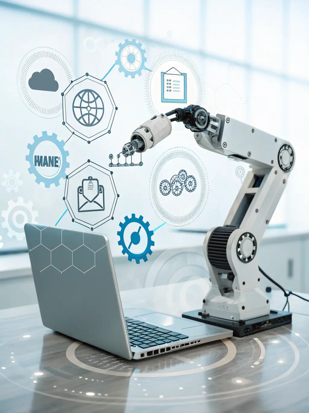 A visual representation of automation, such as a digital hand interacting with various software icons, to highlight the automation capabilities within ServiceNow.