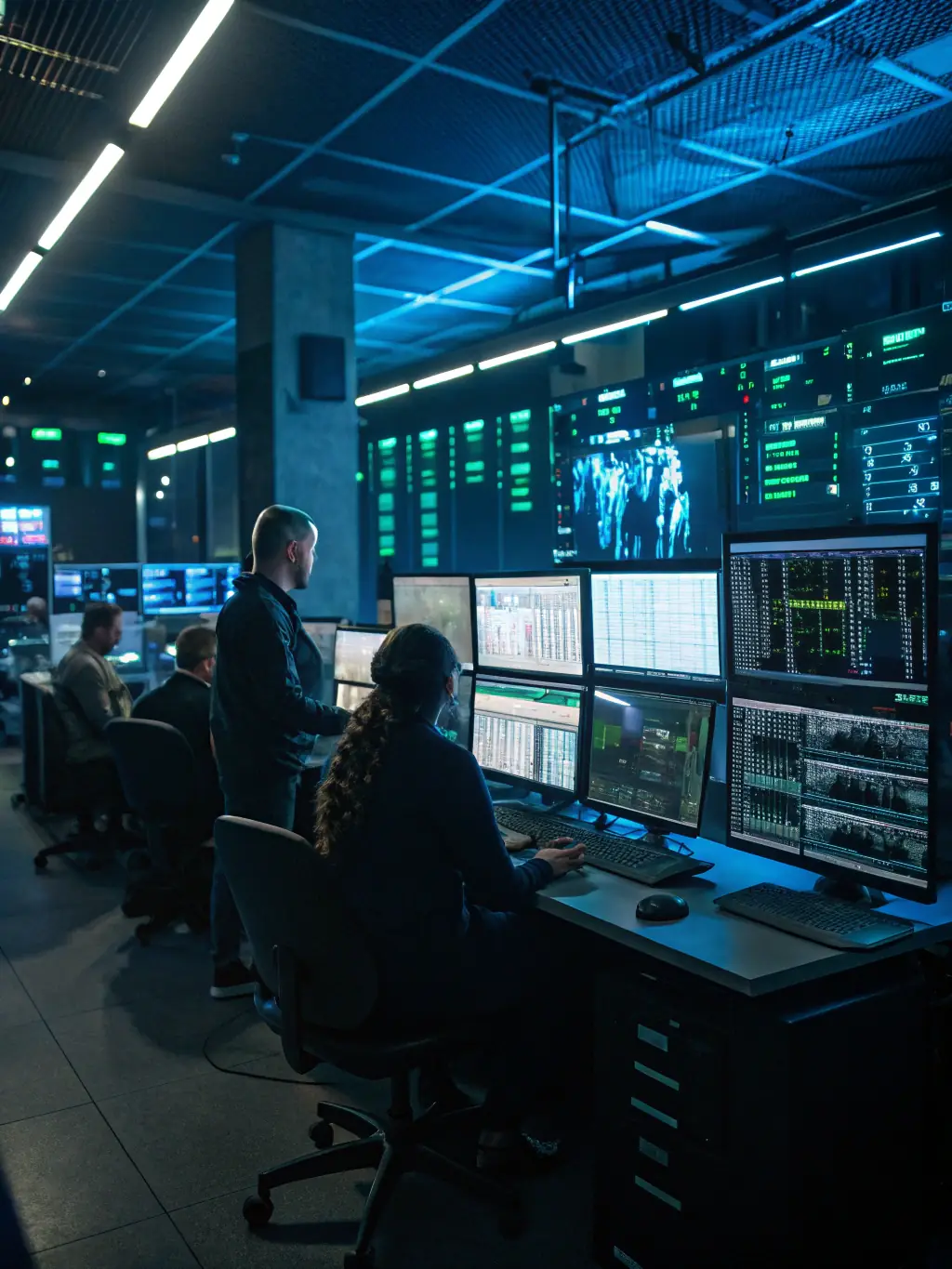 An image showing a team of IT professionals monitoring a network operations center, illustrating DigiOnez's managed services.